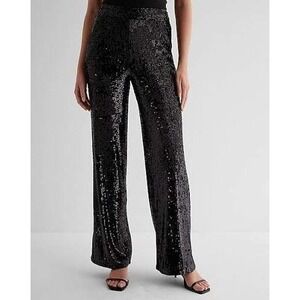 Express Sequin Wide Leg Pants Womens 10L Black NEW High Rise Formal Gala